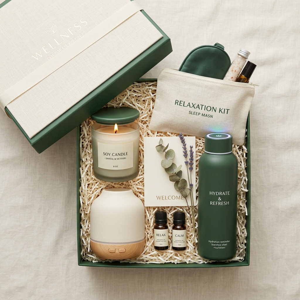 Wellness set: vela de soja, aromaterapia, botella LED hidratación